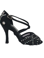 Carica immagine nella Galleria, Eveline QC (1538QC) SW - Scarpa Ballo Da Donna Con Retina in Raso Seta Nera Con cinturini incrociati sul collopiede e Swarovski Boreali Disegno Fantasy