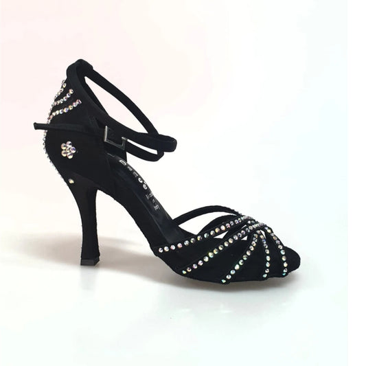 Sandalo da donna LUENIA QB Plus in raso di seta nero con cinturino incrociato, dettagli Swarovski e tacco a rocchetto.