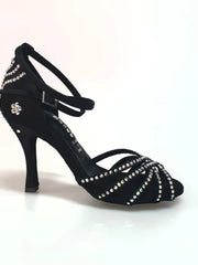Carica immagine nella Galleria, LUENIA QB Plus (45QB) - Scarpa da Ballo da Donna in Raso Seta Nero con 5 strisce Senza Rete cinturino incrociato alla caviglia e Swarovski Disegno Fantasy Tacco a Rocchettino