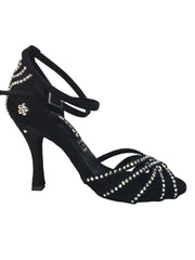 Load image into Gallery viewer, LUENIA QB Plus (45QB) - Scarpa da Ballo da Donna in Raso Seta Nero con 5 strisce Senza Rete cinturino incrociato alla caviglia e Swarovski Disegno Fantasy Tacco a Rocchettino