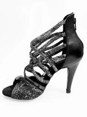 Carica immagine nella Galleria, Natalia (360) - Sandalo Alto da Donna in Pitone Silver con tacco e tallone in Pelle Nera Tacco alto a Spillo largo Wishdance