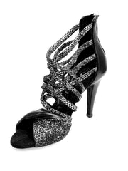 Carica immagine nella Galleria, Natalia (360) - Sandalo Alto da Donna in Pitone Silver con tacco e tallone in Pelle Nera Tacco alto a Spillo largo Wishdance