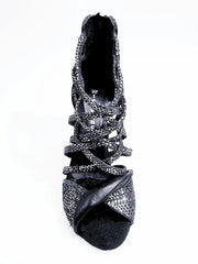 Carica immagine nella Galleria, Natalia (360) - Sandalo Alto da Donna in Pitone Silver con tacco e tallone in Pelle Nera Tacco alto a Spillo largo Wishdance