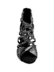 Carica immagine nella Galleria, Natalia (360) - Sandalo Alto da Donna in Pitone Silver con tacco e tallone in Pelle Nera Tacco alto a Spillo largo Wishdance
