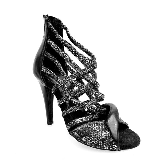 Sandalo alto da donna Wishdance Natalia (360) in pitone silver con tacco a spillo largo e tallone in pelle nera.