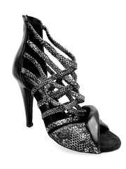 Carica immagine nella Galleria, Natalia (360) - Sandalo Alto da Donna in Pitone Silver con tacco e tallone in Pelle Nera Tacco alto a Spillo largo Wishdance
