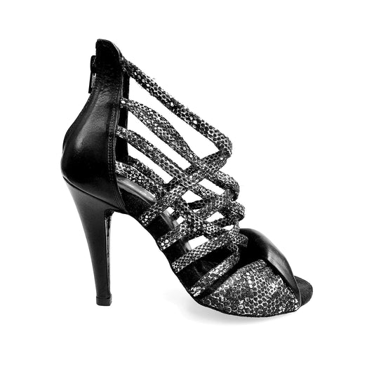 Sandalo donna Wishdance Natalia (360) in pitone argento con tacco alto a spillo e dettagli in pelle nera.
