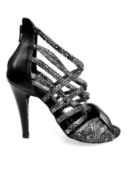 Carica immagine nella Galleria, Natalia (360) - Sandalo Alto da Donna in Pitone Silver con tacco e tallone in Pelle Nera Tacco alto a Spillo largo Wishdance