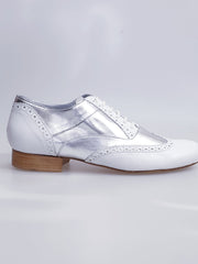 Carica immagine nella Galleria, Adone (MS14) - Stringata Coda di Rondine Mod. Oxford Brogue Scarpa in Pelle Bianca e Pelle Argento Forma Tonda Wish Dance Shop