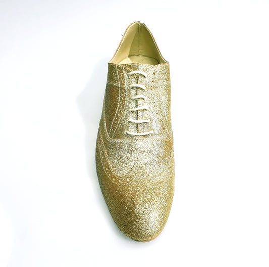 Scarpa da uomo Wish Dance Shop Richard MS14 Oxford Brogue glitter oro, forma lunga, con cuciture a coda di rondine.
