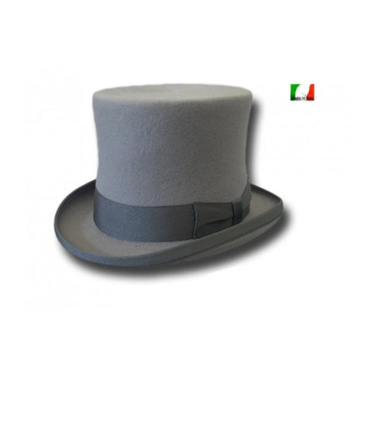 Cappello a cilindro in feltro di pura lana Merinos grigia con fascia in pelle rivestita in raso, marca Wish Dance Shop.