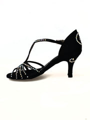 Load image into Gallery viewer, Infinity Plus (BI-Flex) - Woman's Shoe in Black Silk Satin with Swarovski Papal Stick Design and Extraflex Competition Bottom