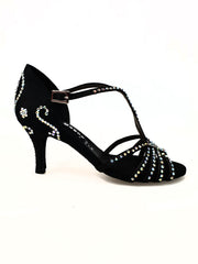 Carica immagine nella Galleria, Infinity Plus (BI-Flex) - Scarpa Da Donna in Raso Seta Nero con Swarovski Disegno bastone Papale e Fondo Extraflex Competition Wish Dance Shop
