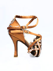 Carica immagine nella Galleria, Onda QD Plus (BI-Flex) - Scarpa da Donna in Raso Seta Bronzo Doppio Cinturino incrociato sulla Caviglia e sul Collopiede con Swarovski Boreali Totale disegno Fantasy Fondo Extraflex Competition