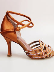 Load image into Gallery viewer, Onda QB (BI-Flex) - Women's Shoe Satin Silk Bronze Double Crossed Ankle Strap Swarovski Boreal Partial only forward Extraflex Competition Bottom Square Stiletto Heel