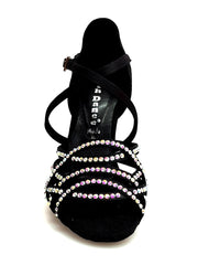 Carica immagine nella Galleria, Onda QC (BI-Flex) MARYLU - Scarpa da Donna in Raso Seta Nero Cinturino Incrociato sul Collo Piede Swarovski Boreali Parziale solo avanti Fondo Extraflex Competition Tacco a Rocchetto