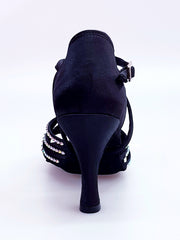 Carica immagine nella Galleria, Onda QC (BI-Flex) MARYLU - Scarpa da Donna in Raso Seta Nero Cinturino Incrociato sul Collo Piede Swarovski Boreali Parziale solo avanti Fondo Extraflex Competition Tacco a Rocchetto