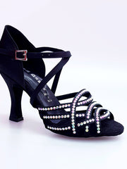 Carica immagine nella Galleria, Onda QC (BI-Flex) MARYLU - Scarpa da Donna in Raso Seta Nero Cinturino Incrociato sul Collo Piede Swarovski Boreali Parziale solo avanti Fondo Extraflex Competition Tacco a Rocchetto