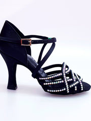 Carica immagine nella Galleria, Onda QC (BI-Flex) MARYLU - Scarpa da Donna in Raso Seta Nero Cinturino Incrociato sul Collo Piede Swarovski Boreali Parziale solo avanti Fondo Extraflex Competition Tacco a Rocchetto