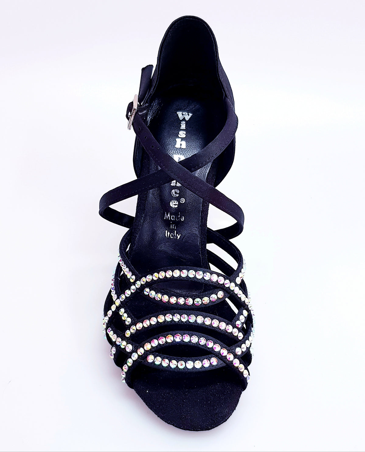 Scarpa da donna Onda QC (BI-Flex) MARYLU in raso seta nero con cinturino incrociato, tacco a rocchetto, dettagli Swarovski.