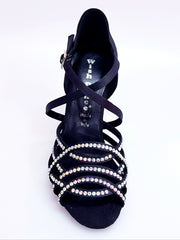 Carica immagine nella Galleria, Onda QC (BI-Flex) MARYLU - Scarpa da Donna in Raso Seta Nero Cinturino Incrociato sul Collo Piede Swarovski Boreali Parziale solo avanti Fondo Extraflex Competition Tacco a Rocchetto