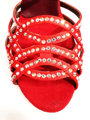 Carica immagine nella Galleria, ONDA QC Plus (BI-Flex) MARYLU - Scarpa da Donna in Raso Seta Rosso Cinturino incrociato sul Collopiede con Swarovski Boreali Totale disegno Fantasy Fondo Extraflex Competition Tacco a Rocchettino Wish Dance Shop