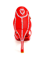Carica immagine nella Galleria, ONDA QC Plus (BI-Flex) MARYLU - Scarpa da Donna in Raso Seta Rosso Cinturino incrociato sul Collopiede con Swarovski Boreali Totale disegno Fantasy Fondo Extraflex Competition Tacco a Rocchettino Wish Dance Shop