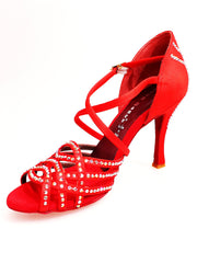 Carica immagine nella Galleria, ONDA QC Plus (BI-Flex) MARYLU - Scarpa da Donna in Raso Seta Rosso Cinturino incrociato sul Collopiede con Swarovski Boreali Totale disegno Fantasy Fondo Extraflex Competition Tacco a Rocchettino Wish Dance Shop