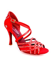 Carica immagine nella Galleria, ONDA QC Plus (BI-Flex) MARYLU - Scarpa da Donna in Raso Seta Rosso Cinturino incrociato sul Collopiede con Swarovski Boreali Totale disegno Fantasy Fondo Extraflex Competition Tacco a Rocchettino Wish Dance Shop