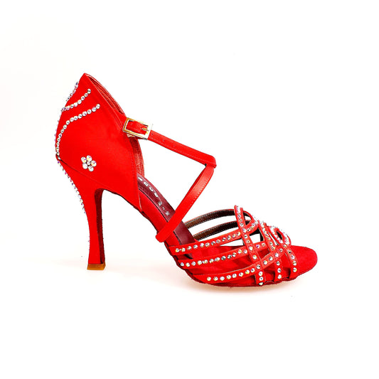 ONDA QC Plus (BI-Flex) MARYLU - Scarpa da Donna in Raso Seta Rosso Cinturino incrociato sul Collopiede, vista laterale