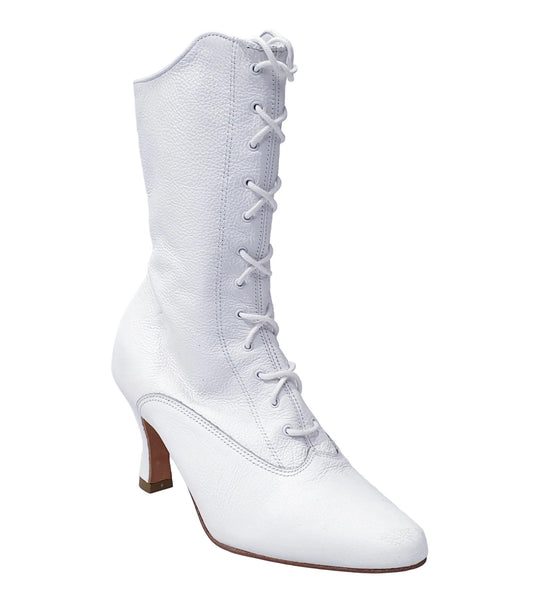 Stivali bassi in pelle bianca D-2 Zip 619 di Wish Dance Shop con stringhe anteriori e apertura zip laterale.