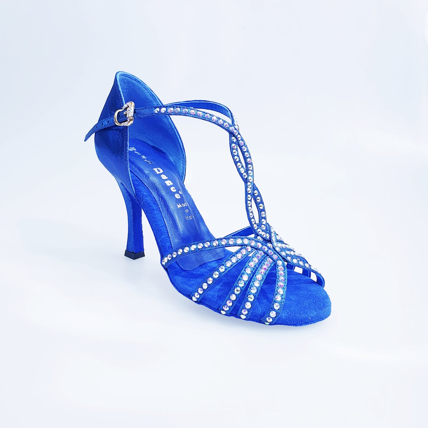 Scarpa da donna Infinity BI-Flex di Wish Dance Shop in lurex blu royal e camoscio con Swarovski e fondo extraflex per competizione