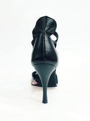 Carica immagine nella Galleria, Lilith Fleur (460) - Sandalo da Donna in Pelle Nera con Tomaia Anteriore in Stile Fleur Fucsia con Elastici Neri e Tacco Slim Oro o rivestito pelle nera