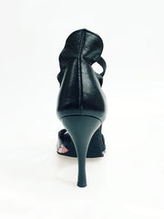 Carica immagine nella Galleria, Lilith Fleur (460) - Sandalo da Donna in Pelle Nera con Tomaia Anteriore in Stile Fleur Fucsia con Elastici Neri e Tacco Slim Oro o rivestito pelle nera Wish Dance Shop