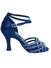 Carica immagine nella Galleria, Onda QB (BI-Flex) - Scarpa Da Donna in Raso Seta Blu Notte Cinturino incrociato alla Caviglia con Swarovski Boreali Parziali solo avanti e Fondo Extraflex Competition Tacco a Rocchetto