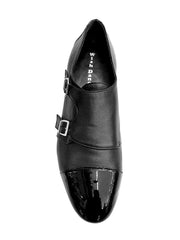 Carica immagine nella Galleria, Scarpa da uomo Wish Dance Shop Bristol in pelle nera con doppia fibbia e inserto in vernice nera, dettaglio anteriore elegante