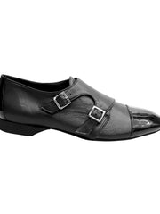 Carica immagine nella Galleria, Scarpa da uomo Bristol Wish Dance Shop in pelle nera con doppia fibbia e inserto anteriore in vernice nera.