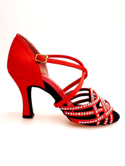 Carica immagine nella Galleria, Onda QC (BI-Flex) MARYLU - Scarpa da Donna in Raso Seta Rosso Cinturino Incrociato sul Collo Piede Swarovski Boreali Parziale solo avanti Fondo Extraflex Competition Tacco a Rocchetto