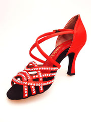 Carica immagine nella Galleria, Onda QC (BI-Flex) MARYLU - Scarpa da Donna in Raso Seta Rosso Cinturino Incrociato sul Collo Piede Swarovski Boreali Parziale solo avanti Fondo Extraflex Competition Tacco a Rocchetto