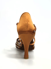 Carica immagine nella Galleria, Onda QC (BI-Flex) MARYLU - Scarpa Da Donna in Raso Seta Bronzo Cinturino incrociato su Collopiede con Swarovski Boreali Parziali solo avanti e Fondo Extraflex Competition Tacco a Rocchetto