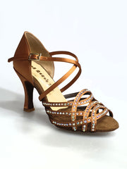 Carica immagine nella Galleria, Onda QC (BI-Flex) MARYLU - Scarpa Da Donna in Raso Seta Bronzo Cinturino incrociato su Collopiede con Swarovski Boreali Parziali solo avanti e Fondo Extraflex Competition Tacco a Rocchetto