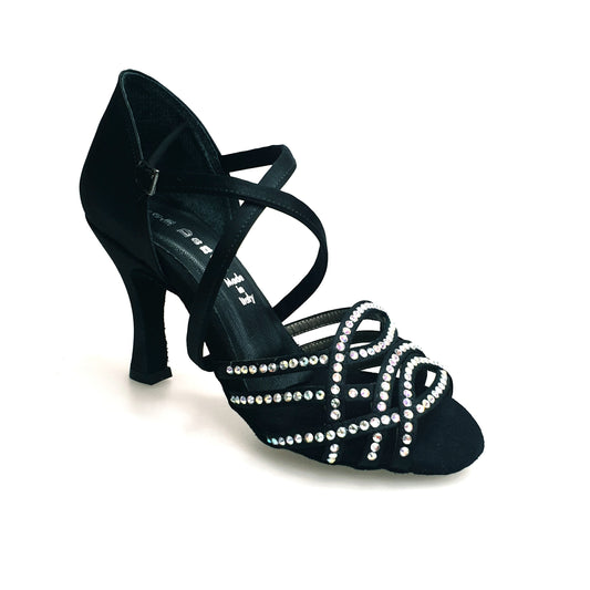 Onda QC (BI-Flex) MARYLU - Scarpa da Donna in Raso Seta Nero Cinturino Incrociato sul Collo Piede Swarovski, vista laterale