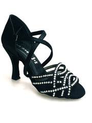 Carica immagine nella Galleria, Onda QC (BI-Flex) MARYLU - Scarpa da Donna in Raso Seta Nero Cinturino Incrociato sul Collo Piede Swarovski Boreali Parziale solo avanti Fondo Extraflex Competition Tacco a Rocchetto