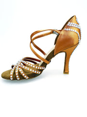 Carica immagine nella Galleria, MELODY QC Plus (45QC) - Scarpa da Ballo da Donna in Raso Seta Bronzo con 5 strisce Senza Rete con cinturino incrociato sul collopiede e Swarovski Boreali Disegno Fantasy Tacco a Rocchettino