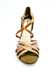 Carica immagine nella Galleria, MELODY QC Plus (45QC) - Scarpa da Ballo da Donna in Raso Seta Bronzo con 5 strisce Senza Rete con cinturino incrociato sul collopiede e Swarovski Boreali Disegno Fantasy Tacco a Rocchettino