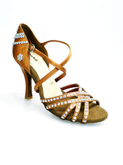 Carica immagine nella Galleria, MELODY QC Plus (45QC) - Scarpa da Ballo da Donna in Raso Seta Bronzo con 5 strisce Senza Rete con cinturino incrociato sul collopiede e Swarovski Boreali Disegno Fantasy Tacco a Rocchettino