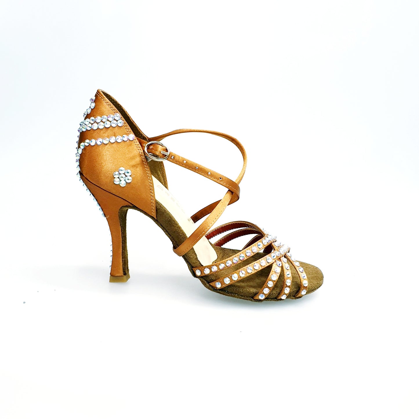 Scarpa da ballo donna Melody QC Plus Wish Dance Shop in raso seta bronzo con cinturino incrociato, Swarovski Boreali e tacco rocchettino