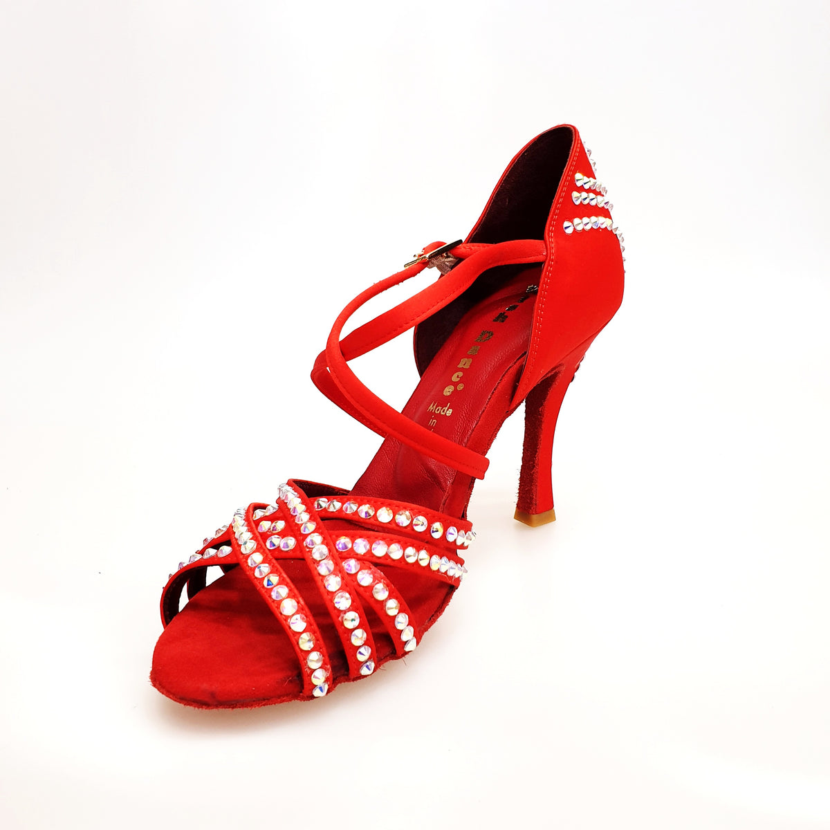 Scarpa da donna Melody QC Plus in raso di seta rossa con cinturino incrociato, dettagli Swarovski e tacco a rocchetto.
