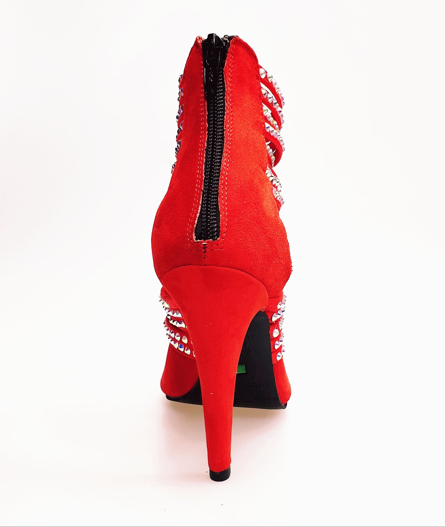 Sandalo Elizabeth Plus da donna in camoscio rosso nero con zip e dettagli Swarovski Boreali, elegante e comodo da Wish Dance Shop.