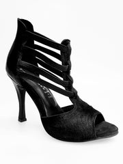 Load image into Gallery viewer, Lilith (460) - Sandalo da Donna in Cavallino Nero pelo corto con Tallone e Tacco in Pelle Nera elastici neri Tacco a Rocchettino sottile